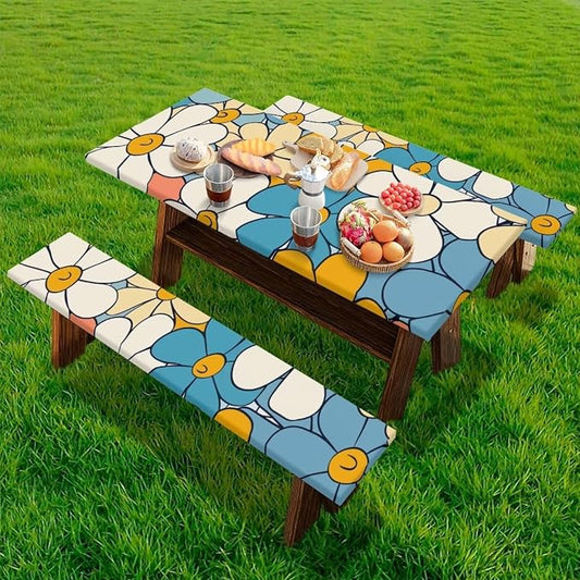 Cute Floral Picnic Table Cover with Bench Covers with Elastic Band Outdoor Camping Tablecloth Water and Oil Repellent Elastic Picnic Table Cover Suitable for Family Gatherings Vacations