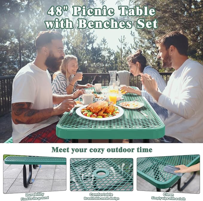Heavy Duty Picnic Table with Umbrella Hole, Expanded Meta Outdoor Metal Patio Dining Table & Outdoor Bench Set, Steel Mesh Dining Furniture for Garden, Lawn, Patio (4FT Rectangular Table/ Green)