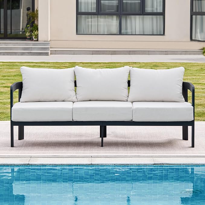 Outdoor Patio Sofa, 3-Seat All-Weather Metal Modern Couch with Washable Thick Cushion for Garden/Backyard/Porch, White