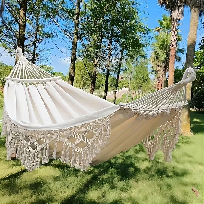 Camping Hammock with Tassels, Portable Canvas Double Hammock with Tree Straps, 108x59in Heavy Duty 330 lbs for Backyard Outdoor Beach Patio White