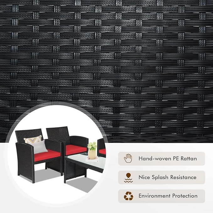 DORTALA 4 Pieces Patio Wicker Conversation Furniture Set, Outdoor Rattan Sofas with Bistro Sets with Coffee Table for Courtyard Balcony Wicker Chairs with Soft Cushion and Table, Red