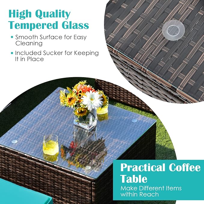 HAPPYGRILL 6 Pieces Outdoor Patio Furniture Set, PE Rattan Conversation Set with Tempered Glass Coffee Table and Cozy Cushions, Weather Resistant Sectional Sofa Set, Turquoise