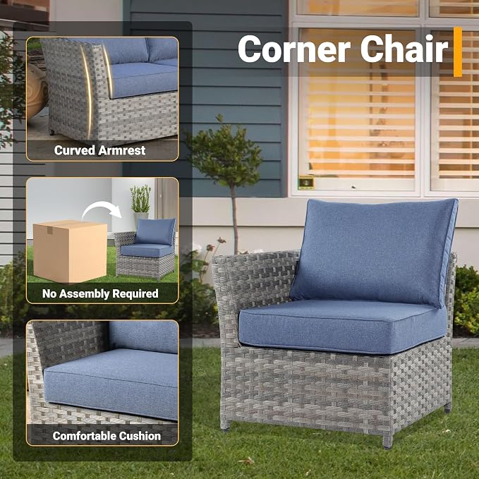CAODOC 12 Pieces Outdoor Furniture Patio Sectional Sofa Couch Gray PE Wicker Conversation Sets with Ottomans Glass Coffee Table for Garden Poolside Backyard