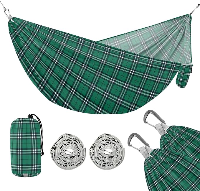Camping Hammock Outdoor Hammocks for Outside Check Plaid Green 1 Beach Trees Portable Lightweight with Pockets Tree Straps Indoor