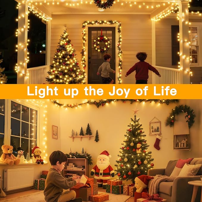 Ollny Christmas Lights 200LED 60FT Indoor, Warm White Connectable Plug in String Light Outdoor, 8 Modes Waterproof Timer LED Fairy Lights for House Outside Bedroom Patio Balcony