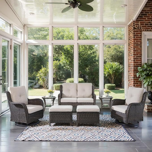 Belord 7 Piece Wicker Patio Furniture Set, Outdoor Swivel Rocker Chairs Set of 2 with Ottomans and Loveseat, All Weather Patio Conversation Furniture Set, for Pool,Yard,SunroomBrown Wicker/Beige