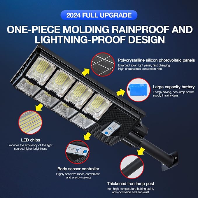 Solar Street Lights Outdoor, IP67 Waterproof, with Motion Sensor, Remote, and Auto Dusk to Dawn | Bright 6500K LED Solar Powered for Patio, Garden, Garage, Courtyard & Parking Lot (2 Pack)