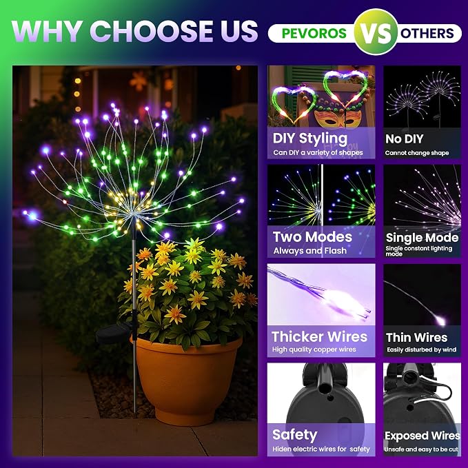 PEVOROS Solar Firework Garden Lights Outdoor, Purple/Yellow/Green, 4 Pack | 120 LEDs, Waterproof, Fairy Garden Decor, Auto On/Off, Solar Powered, for Yard, Patio, Porch, Flower Pot, Pathway