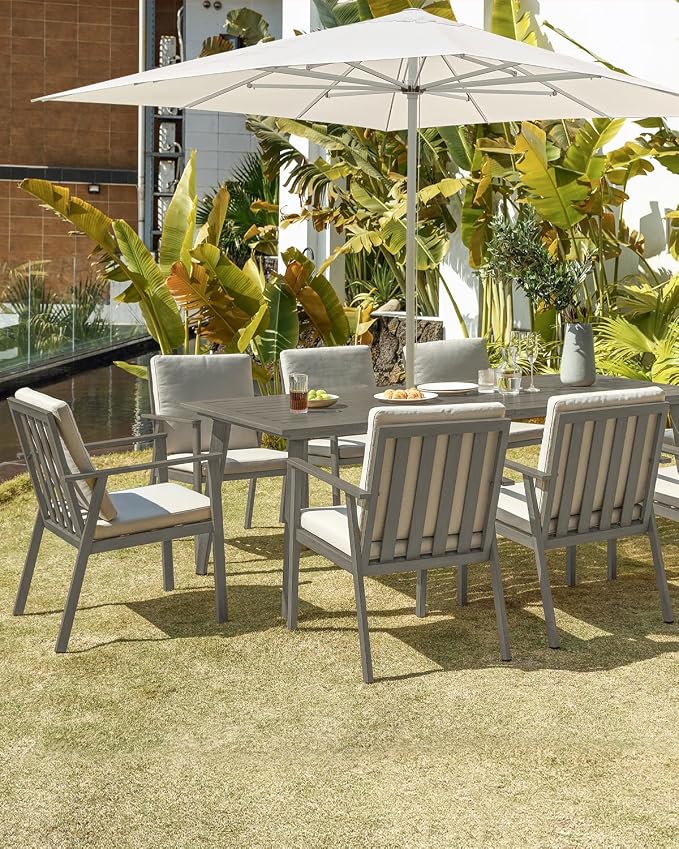 Outdoor Patio Dining Table for 8, Never-Rust Aluminum Outdoor Dining Table with 2.2" Umbrella Hole, 8 Person Patio Dining Table Furniture for Decks, Garden, Porch, Lawn, Limed Oak