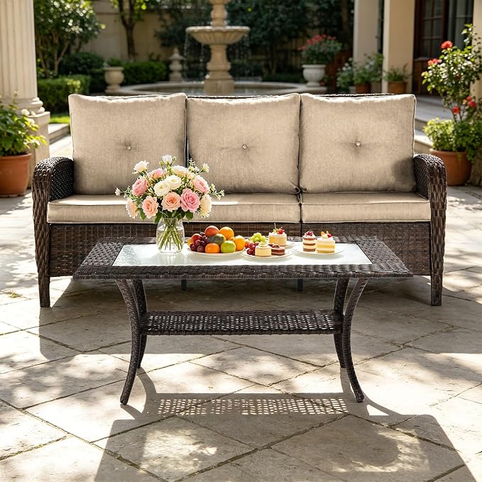 SHGJ&SOFT All Weather Patio Furniture Set, High Back Swivel Rocker Glider Chairs，Ottomans & Glass Tables, Outdoor Conversation Set for Deck Porch Yard Poolside (Brown, 2PCS-Sofa&Table)