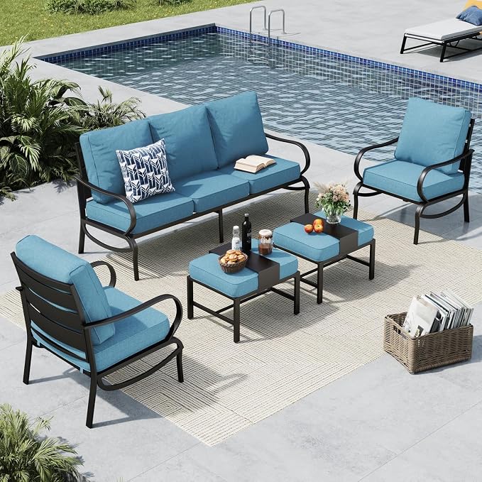 MFSTUDIO 5 Pieces Patio Conversation Sets, 7 Seats Metal Patio Furniture Sets with 1 x 3-Seat Sofa, 2 x Sofa Chairs, 2 x Ottoman, All Weather Steel Patio Sets with 5.75inch Navy Cushion for Garden