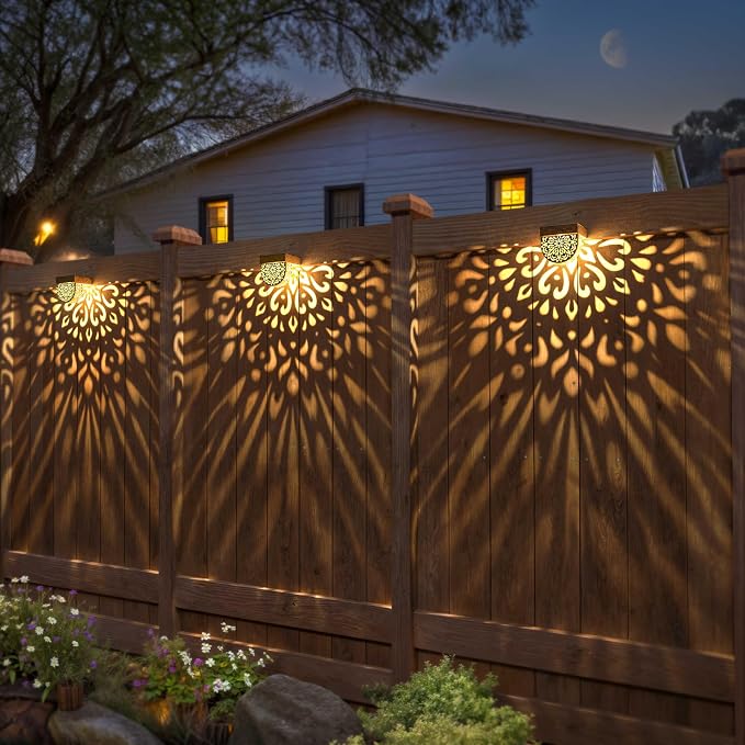 Solar Fence Lights 6 Pack Solar Step Lights Outdoor Waterproof LED Solar Powered Wall Lights Outdoor Decorations Warm Yellow Light Decorative Lighting for, Front Door, Backyard (Gold)