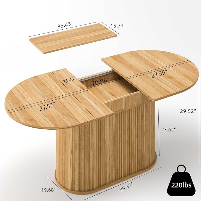 55.11"-70.86" Extendable Dining Room Table, Oval Dining Table Set for 4 People, Mid Century Modern Dining Table for Gatherings, Meeting, Small Kitchens, Dining Office Areas, Natural