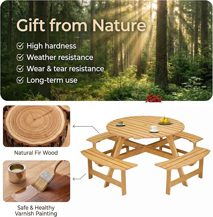 8 Person Outdoor Dining Table, Round Picnic Table with 4 Built-in Benches and Umbrella Hole, Outside Garden Backyard Table and Bench Set, 500lbs Capacity Per Bench (Natural)