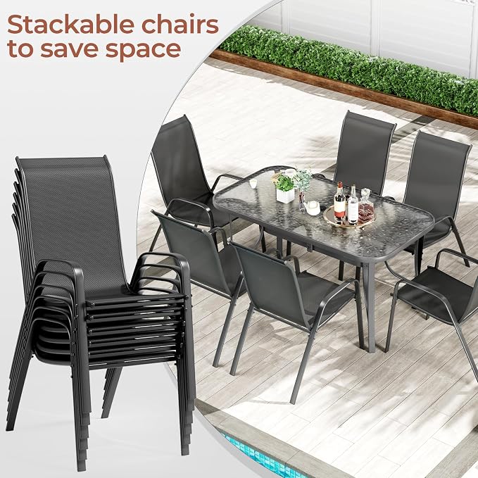 TLSUNNY Patio Dining Set for 6, Outdoor Table and Chairs W/1.69″ Umbrella Hole, 30"X 55" Table and Stackable Textilene Chair, All Weather Patio Furniture Set (Grey Table & Black Chair)