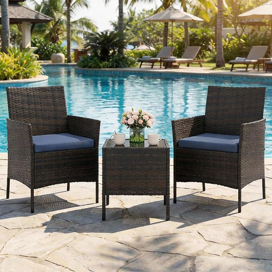 PeakPursuit 3 Pieces Patio Furniture Set, PE Rattan Wicker Patio Set with Soft Cushion and Glass Coffee Table, Upgraded Outdoor Patio Chairs and Table for Garden Poolside Balcony, Blue