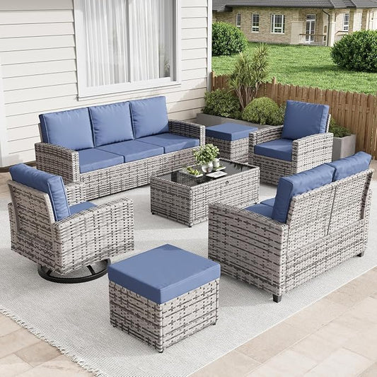 7-Piece Outdoor Patio Furniture Set with Wicker Rattan Sectional Sofa, Swivel Chairs, Ottomans, Coffee Table and Comfy Cushions, All-Weather Conversation Set for Balcony, Deck, Garden, Backyard Lounge