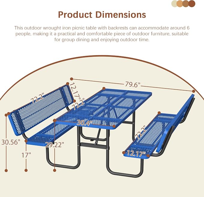 72'' Heavy Duty Outdoor Picnic Table with Backrest - Commercial Grade Rectangular Steel Picnic Table Set, Umbrella Hole, Rust-Resistant Metal Mesh Tabletop for Patio, Garden, Park, BBQ - Blue