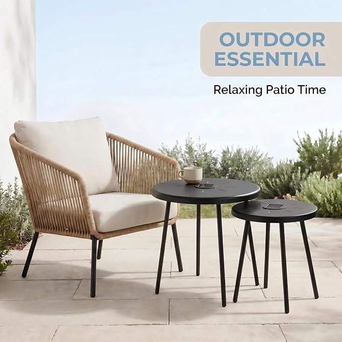 2-Pack Solar Powered Nesting Round Side Table Set, Waterproof Powder-Coated Metal End Table with Solar LED Indicator, Stackable Indoor Outdoor Patio Accent Table for Backyard Garden Balcony Bedroom