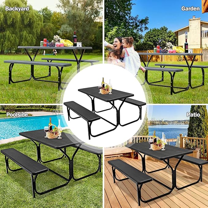 S AFSTAR Picnic Table, 59” Plastic Picnic Table with Benches, Steel Frame & Wood-Like Texture Tabletop, Expanded Rectangular Camping Table Chair Set for Garden Patio Lawn Deck (Black)