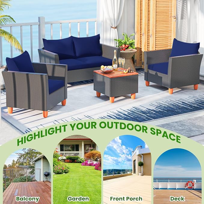 ORALNER 4 Pieces Patio Furniture Set, Outdoor Wicker Conversation Chairs, Loveseat w/Cushion, Acacia Lift-Top Coffee Table, Rattan Set for Balcony Garden Backyard Front Porch Poolside Deck (Navy)