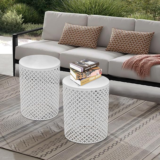 Metal Frame Accent Table,Cylindrical Outdoor Side Table,Decorative Garden Stool,Set of 2 Nesting Side Table,Modern Decorative Garden Stool for Patio Balconies Cafes Parks (2, White)