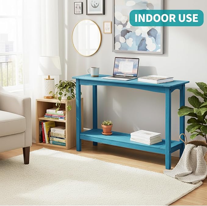 Outdoor Console Table, All-Weather 2-Tier Patio Console Table, Outside Plant Stand Table, Low Maintenance, Never Rot or Fade, HIPS Table for Indoor, Backyard, Garden, Entryway, Light Blue