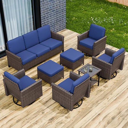 COOS BAY Harbor Retreat 8 Piece Outdoor Furniture Set, Patio Conversation Set with 4 Swivel Rocking Chairs, 3 Seat Couch, Side Table & Ottomans, Wicker Furniture, Brown/Blue