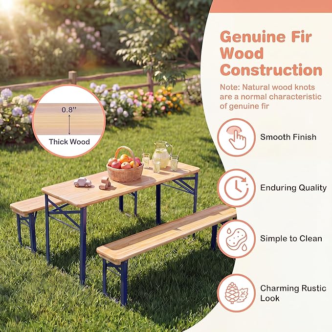 HONEY JOY Kids Picnic Table, 43.5 Inch Folding Toddler Outdoor Table & 2 Benches, Fir Wood Top & Metal Frame, No Assembly, Portable Easy to Store Camping Table and Chairs for Patio Backyard (Blue)