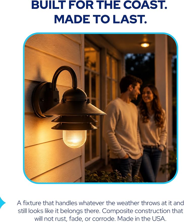 Nautical Outdoor Sconce Wall Mounted Light - Rust & Waterproof Non-Metallic Coastal Lantern - UL Listed Patio Deck Porch Front Door & Dock Lighting Fixture - USA Made, 13"x10", Matte Black | UL Listed Dock Light, Comes with Mounting Hardware, Salt Air ...