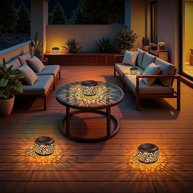 Solar Lanterns Outdoor Waterproof, 4 Pack Flower Petal Solar Garden Lights with 2 Lighting Colors, Vintage Metal Outdoor Patio Garden Decor - Unique Gifts for Women Mom Sisters Birthday