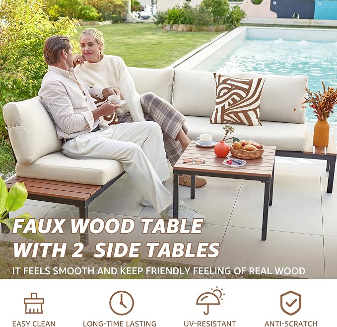 NATURAL EXPRESSIONS Outdoor Furniture Set, L Shape Patio Sectional, Metal Corner Couch Sofa Set with Side Tables, Detachable Backrest, Fauxwood Coffee Table, Beige Olefin Cushions for Garden Deck
