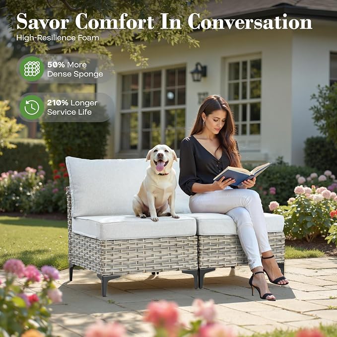 11 Pcs Patio Furniture with Fire Pit Table, Outdoor Rattan Wicker Conversation Set with Glowing Coffee Table, Comfy Sectional Sofa for Porch Balcony Backyard Pool, Light Grey
