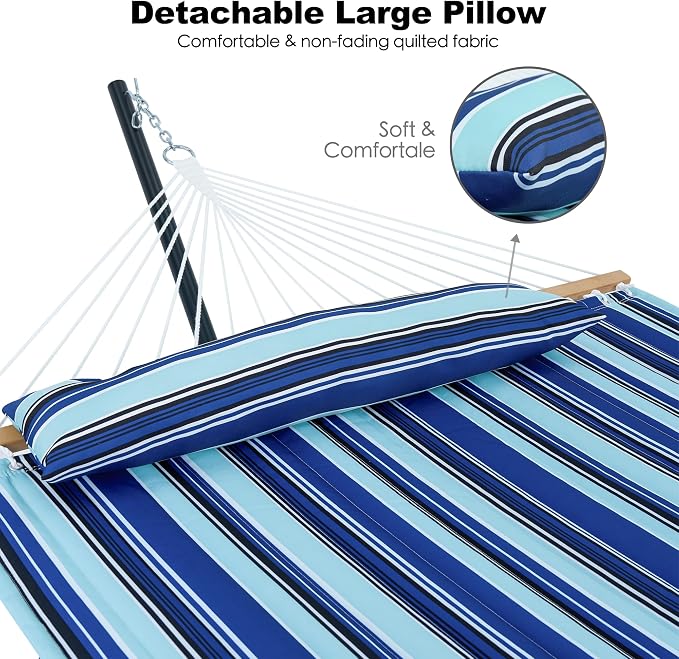 GAFETE 2 Person Hammock with Stand for Outside, Heavy Duty Steel Stand, Double 55inch Hammocks, Large Removable Pillow, Storage Bags, Max 475 lbs Capacity (Pacific Stripe Blue)