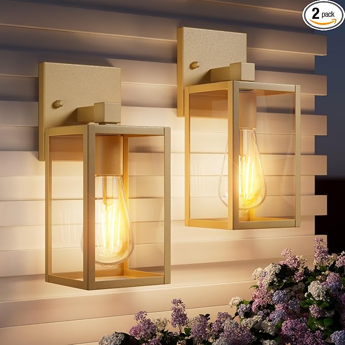 Outdoor Light Fixtures Wall Mount, Waterproof Front Porch Lights, Modern Exterior Lighting Fixtures with E26 Socket, Gold Wall Sconces Lantern Lamp, Outside Lights for House, Garage, Patio (2 Pack）
