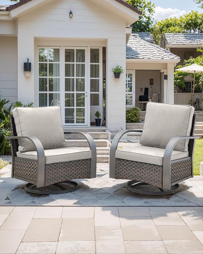 HUMMUH Patio Swivel Glider Wicker Chair, Brown and Beige | 360° swivel and glider motion, 3.5 in Olefin cushion, powder-coated steel frame, removable cover, for deck and porch