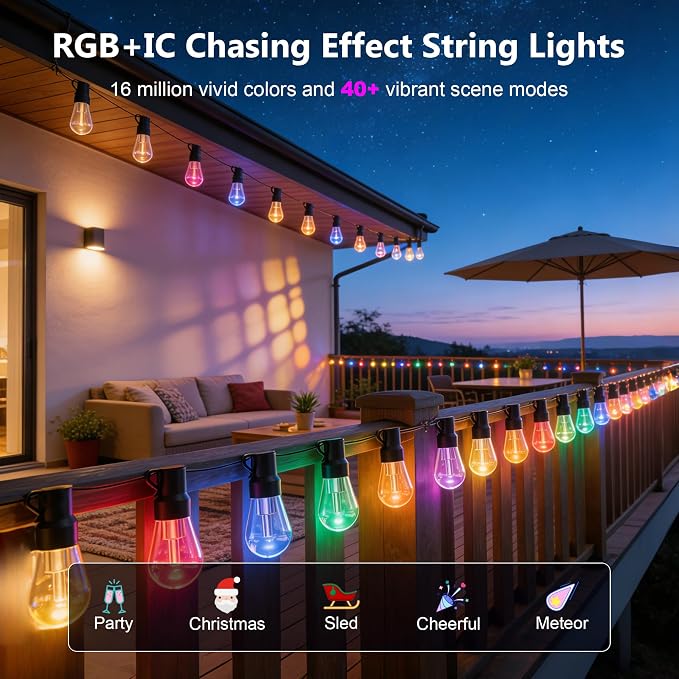 Beizelte Outdoor String Lights, 290FT RGB+IC Outside Light Dimmable Shatterproof LED Bulbs, IP67 Waterproof Chasing Effect Lighting DreamColor Patio Strip Lights for Backyard, Balcony, Outdoor Living