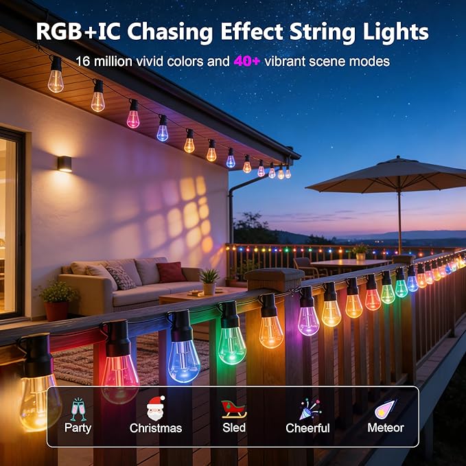 Beizelte Outdoor String Lights, 150FT RGB+IC Outside Light Dimmable Shatterproof LED Bulbs, IP67 Waterproof Chasing Effect Lighting DreamColor Patio Strip Lights for Backyard, Balcony, Outdoor Living