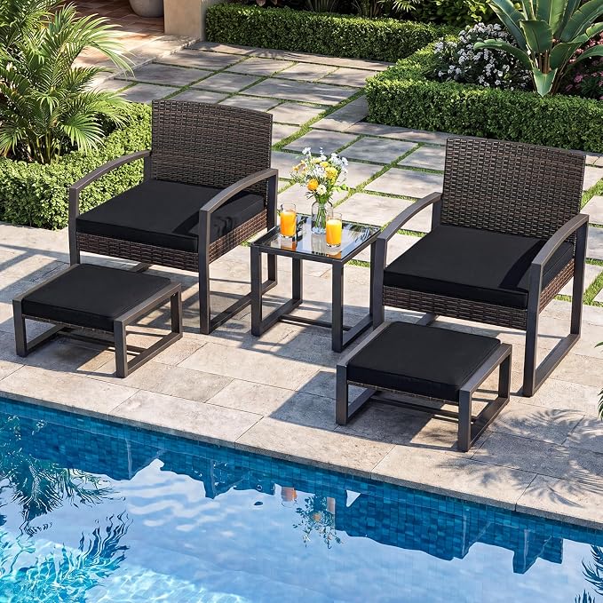 Tangkula 5 Pieces Wicker Patio Conversation Set, Outdoor PE Rattan Chair with Ottoman Set with Glass Side Table, 2-Person Small Balcony Furniture Seating Set with Cushions for Porch, Backyard, Deck