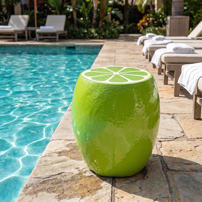 Lime Resin Novelty Stool, Fruit Shaped Plant Stand Side Table Accent Seat, Indoor Outdoor Waterproof Decor, 14.17" H x 12.60" W, Green