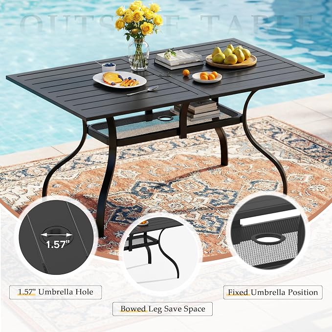 Crownland 7 Piece Patio Dining Set, Outdoor Textilene Dining Sets, 6 Textilene Metal Chairs and Rectangular Outdoor Dining Table with 1.57" Umbrella Hole (Blue)