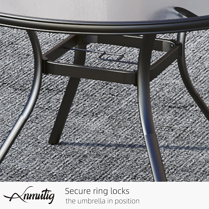 40" Round Glass Ourdoor Table for 4 Person with Umbrella Hole, Black Frame | 40 inch Round Glass Table Top, Black Metal Frame, 4 Person Table