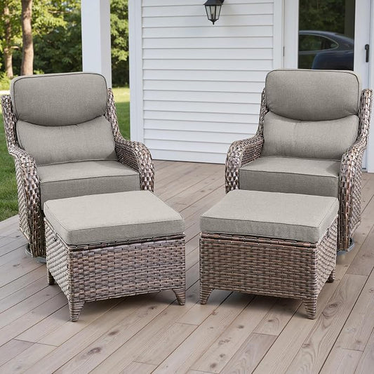Rilyson Outdoor Patio Furniture Set - Weather Resistant Wicker,High Back,6 inch Cushions,4 Piece Patio Furniture Set with Swivel Rocker Chairs and Ottomans for Deck Porch Yard,Brown/Beige