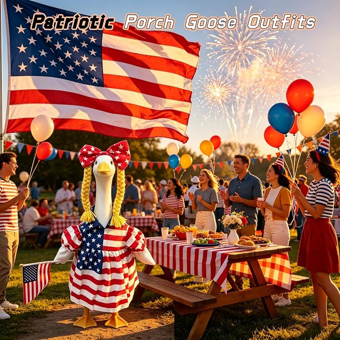 Patriotic Porch Goose Outfits, 23" Porch Goose 4th of July Outfits, Cute Independence Day Goose Clothes for Front Outdoor Patio Yard 250th Anniversary Decoration