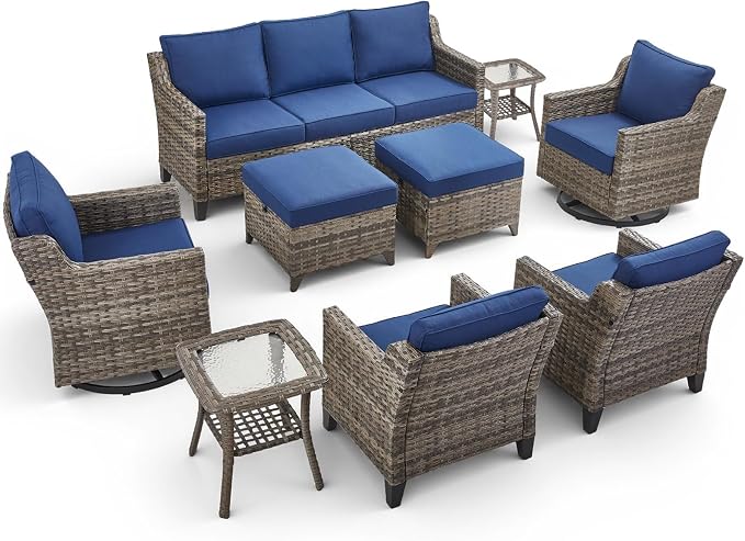 9 Piece Patio Furniture Set-All Weather Outdoor Conversation Sets Sectional Sofa with Wicker Swivel Rocker Patio Chairs, Comfy Cushions Ottomans for Porch Balcony Patio Grey/Blue