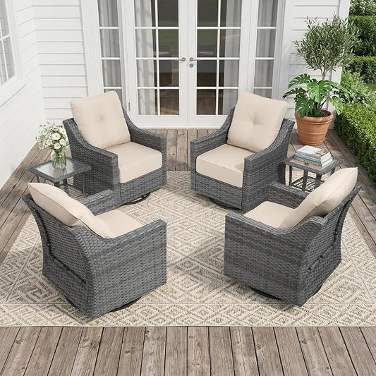 6 Piece Patio Furniture Set, 360°Swivel Glider Patio Chairs Set of 4, Outdoor Side Table Set of 2, Comfortable Seating with Thick Cushions, All-Weather Wicker Patio Set For Porch Deck Balcony Garden