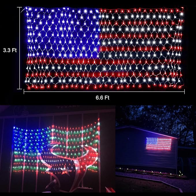 HYH American Flag LED Lights, 420 LEDs Net Light Up Flag Outdoor Waterproof | USA Super Bright Flags Light for 4th of July, Memorial Day, Independence Day, Garden Yard Holiday Party Christmas Decoration