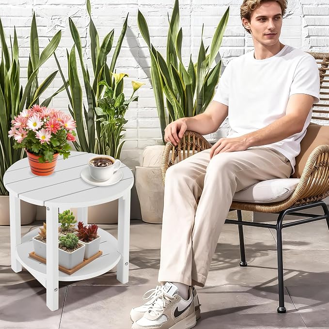 LZRS Adirondack Side Table Double End Table, Outdoor Coffee Tables for Patio, Backyard,Pool, Indoor Companion, Easy Maintenance & Weather Resistant(White)