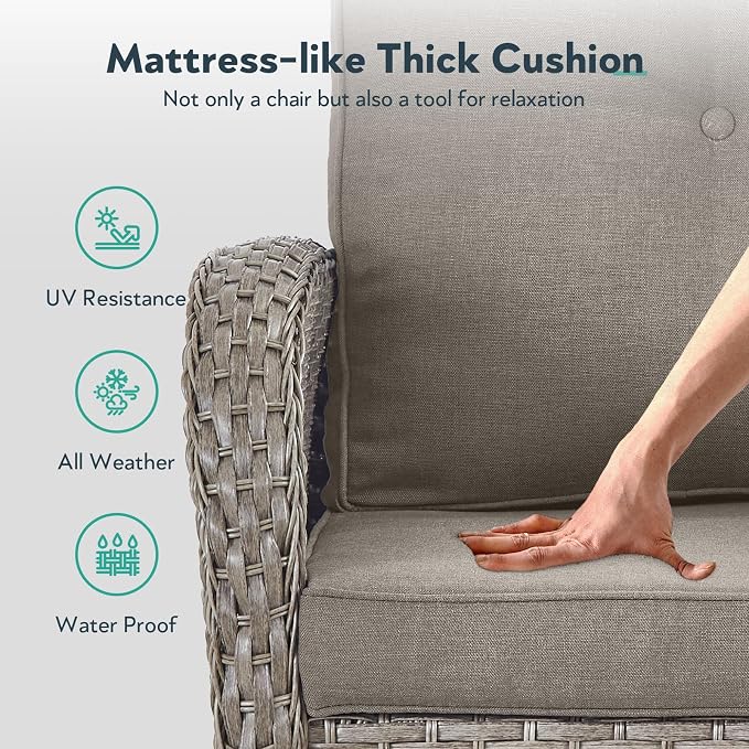 7 Piece Patio Furniture Set - Wicker Patio Conversation Set with Swivel Glider, Glider Loveseat, Tempered Glass Side Table and 2 Ottomans for Deck Backyard - Grey Wicker Grey Cushion
