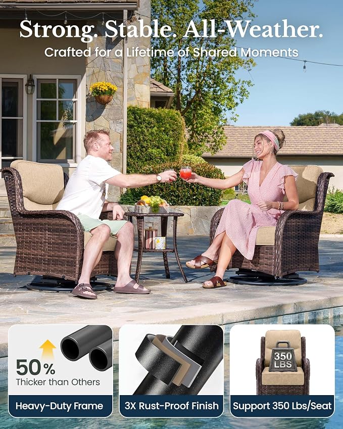 HILLGA 6-Piece Luxury Patio Furniture Set with 6" Thick Cushions, Weather-Resistant Wicker High Back Swivel Rocker Chairs, Senior-Friendly Conversation Set for Small Porch, Deck and Sunroom, Beige(V2)